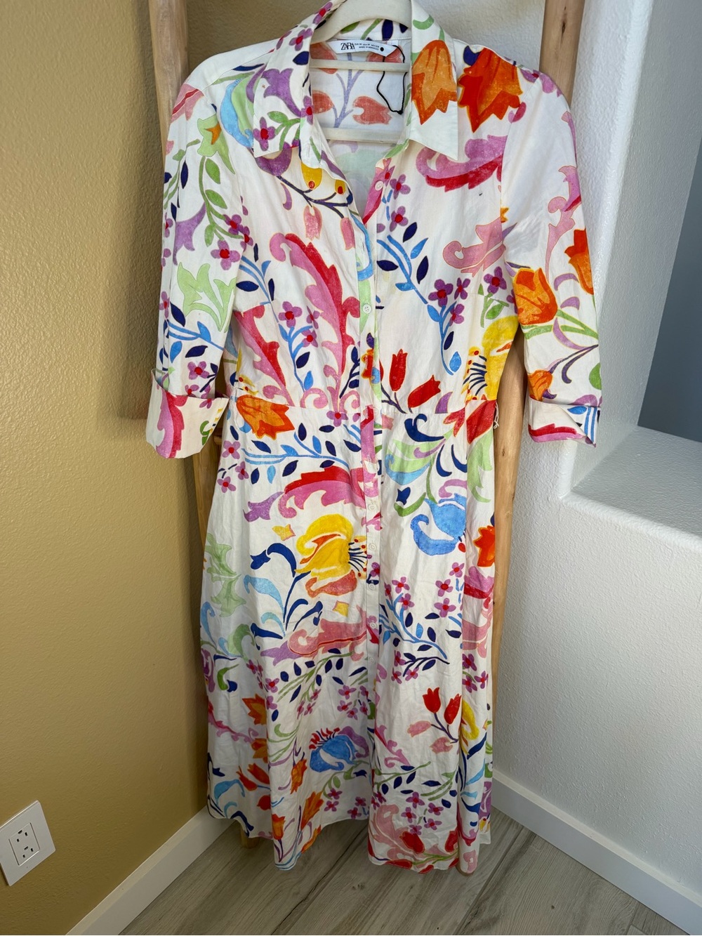 Zara White Multicolor Floral Midi Shirt Dress